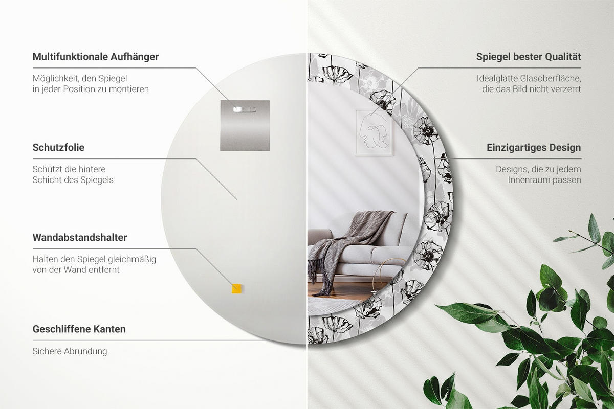 SPIEGEL Rund Ø 70 cm mit Aufdruck - Weiß, Glas (70/70/0.4cm) - Wallfluent