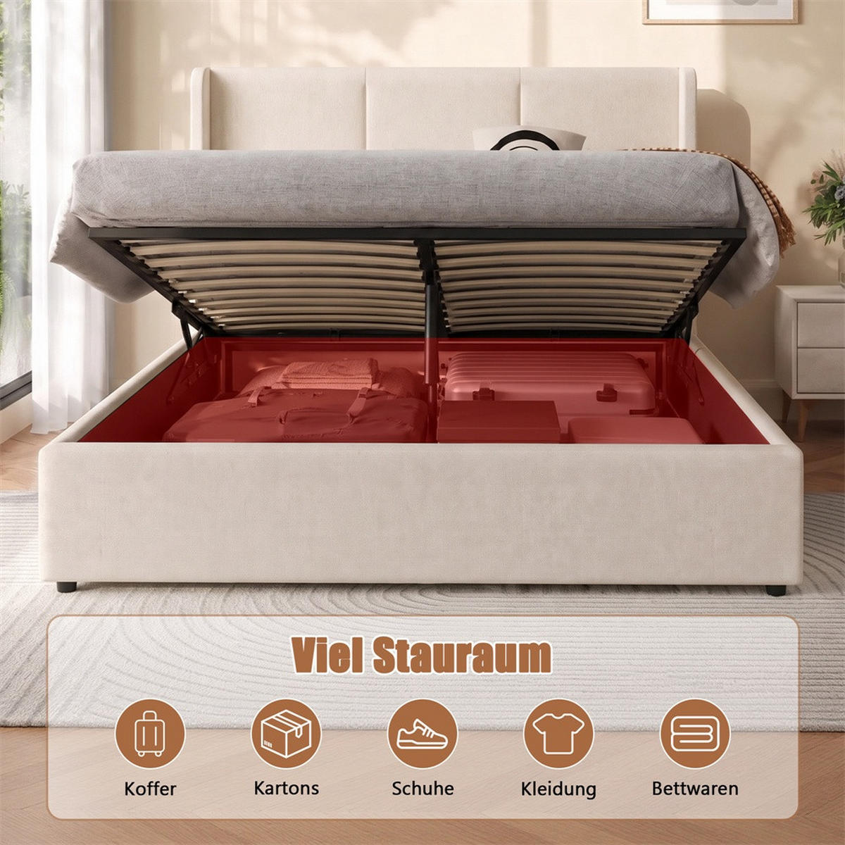 POLSTERBETT 160x200 cm mit hydraulischem Stauraum - Gepolstertes Kopfteil - ohne Matratze - Leinen - Beige - Beige, Textil (160/200cm) - DELFA
