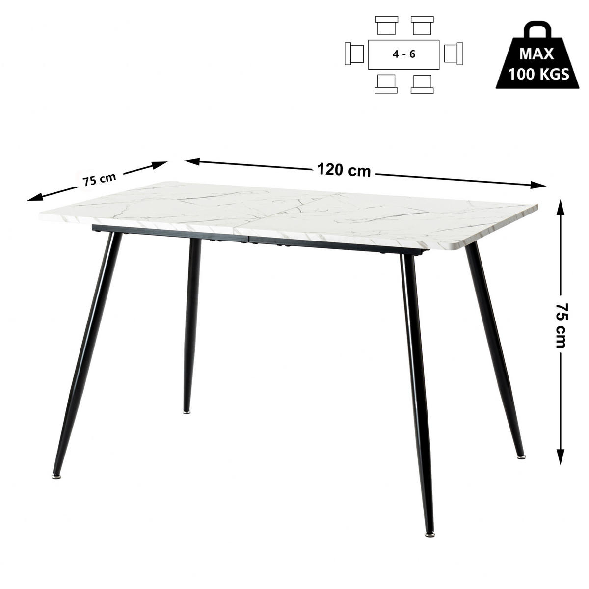 ESSTISCH 120/80/75 cm Rechteckige weiße - Schwarz/Weiß, Holz/Metall (80/120/75cm) - Urban Meuble