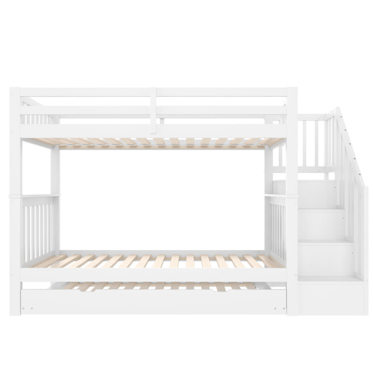 ETAGENBETT 90/200 cm mit ausziehbarem Rollbett, Treppenregal und hohen Sicherheitsgittern, Weiß - Weiß, Holzwerkstoff (90/200cm) - Redom