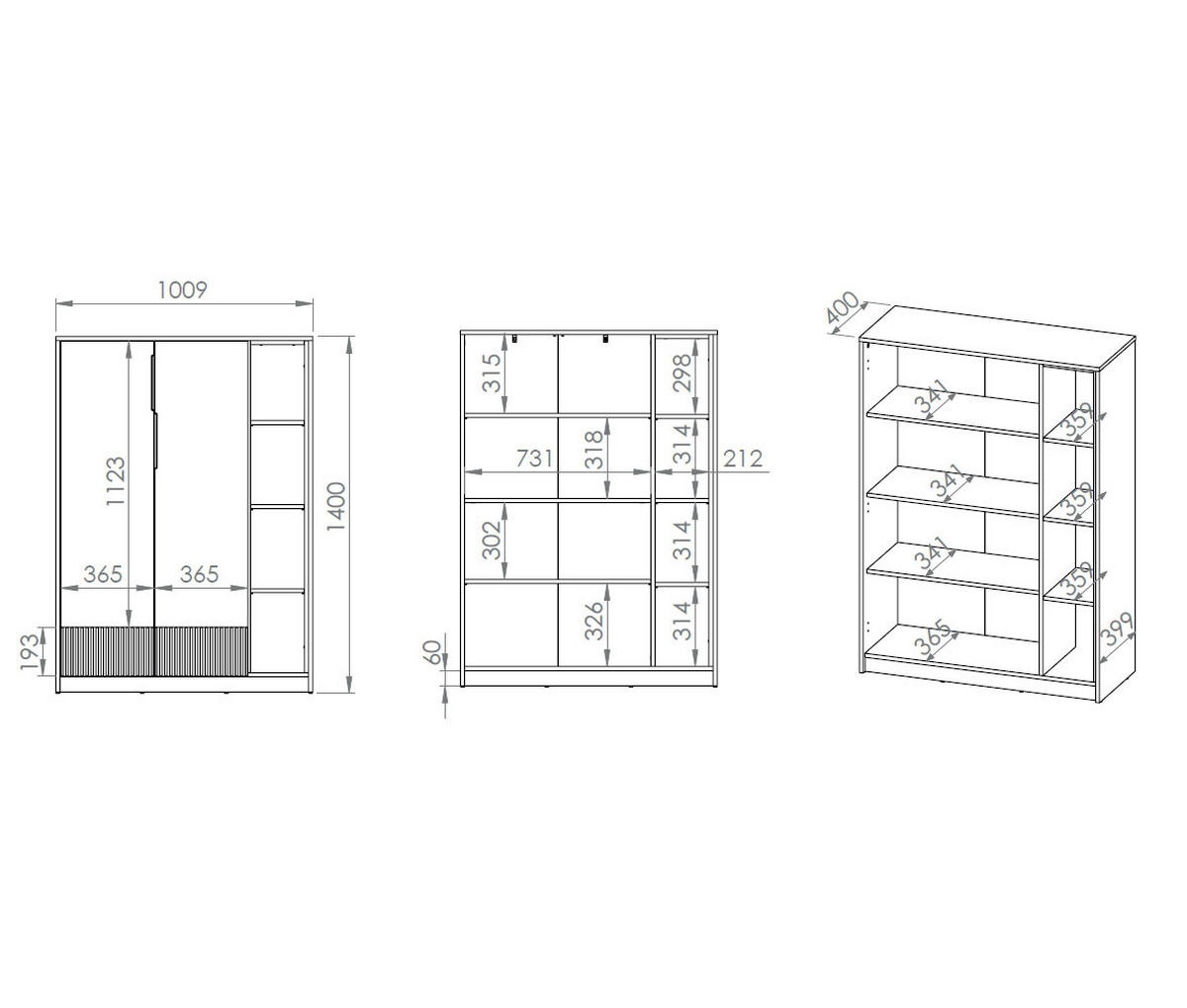 HIGHBOARD Torino Weiß / Eiche Castello / Graphit 101 / 40 / 140cm - Weiß, Holz/Holzwerkstoff (101/140/40cm) - Feldmann-Wohnen