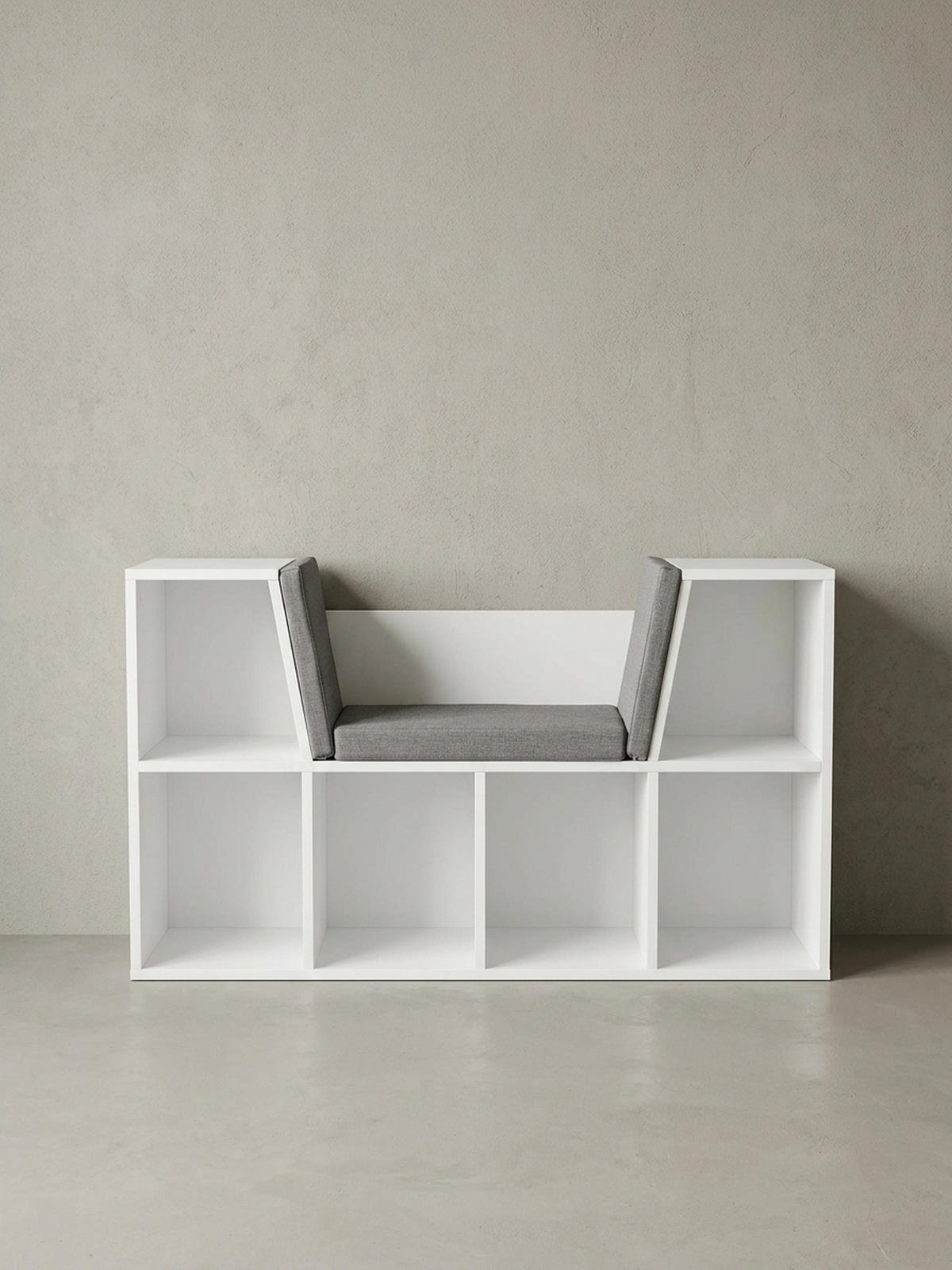 SCHUHBANK – Weiß matt, 101,5x61,5x30 cm, Sitzfläche Grau, 6 Fächer - Weiß/Grau, Holz/Textil (102/62/30cm) - KADIMA DESIGN