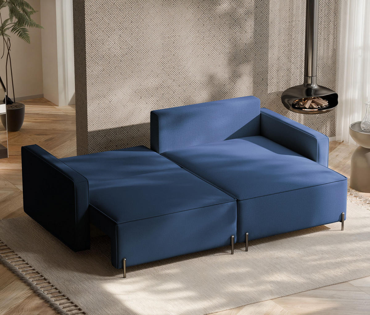 ECKSOFA LEO Rechts, mit Schlaffunktion und Bettkasten, Marineblau - Dunkelblau, Textil/Metall (229/148cm) - Idohome