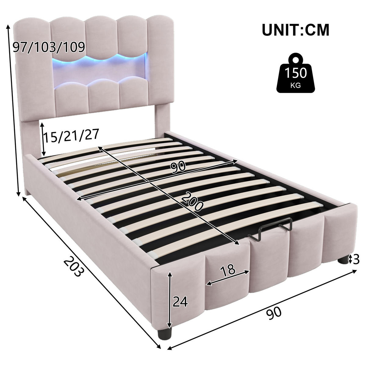 POLSTERBETT 90x200cm Rosa Samt LED-Licht Hydraulik Kopfteil - Pink, Holz (90/200cm) - FLIEKS