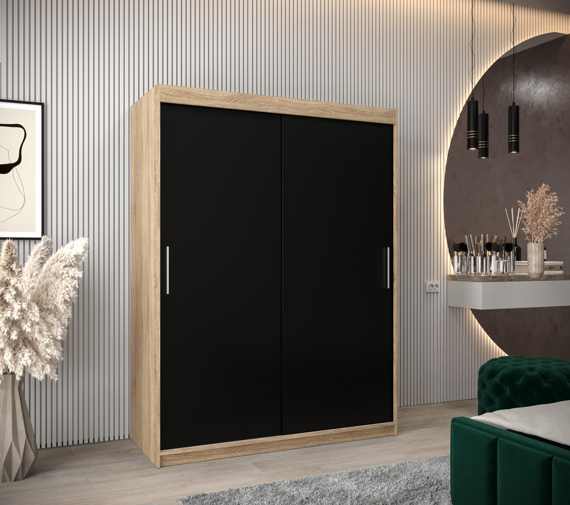 SCHWEBETÜRENSCHRANK 200/150/62 2-türig - Silberfarben/Schwarz, Holz/Kunststoff (150/200/62cm) - Abiks Möbel