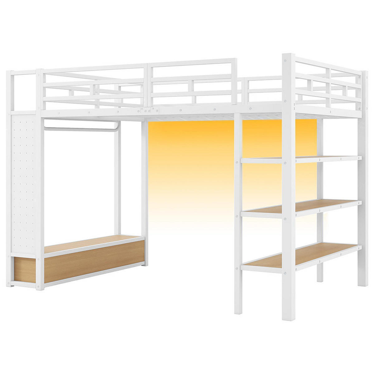 HOCHBETT 140x200 cm mit offenem Kleiderschrank, Lochwand und LED-Beleuchtung, Weiß - Weiß, Metall (140/200cm) - KOMHTOM