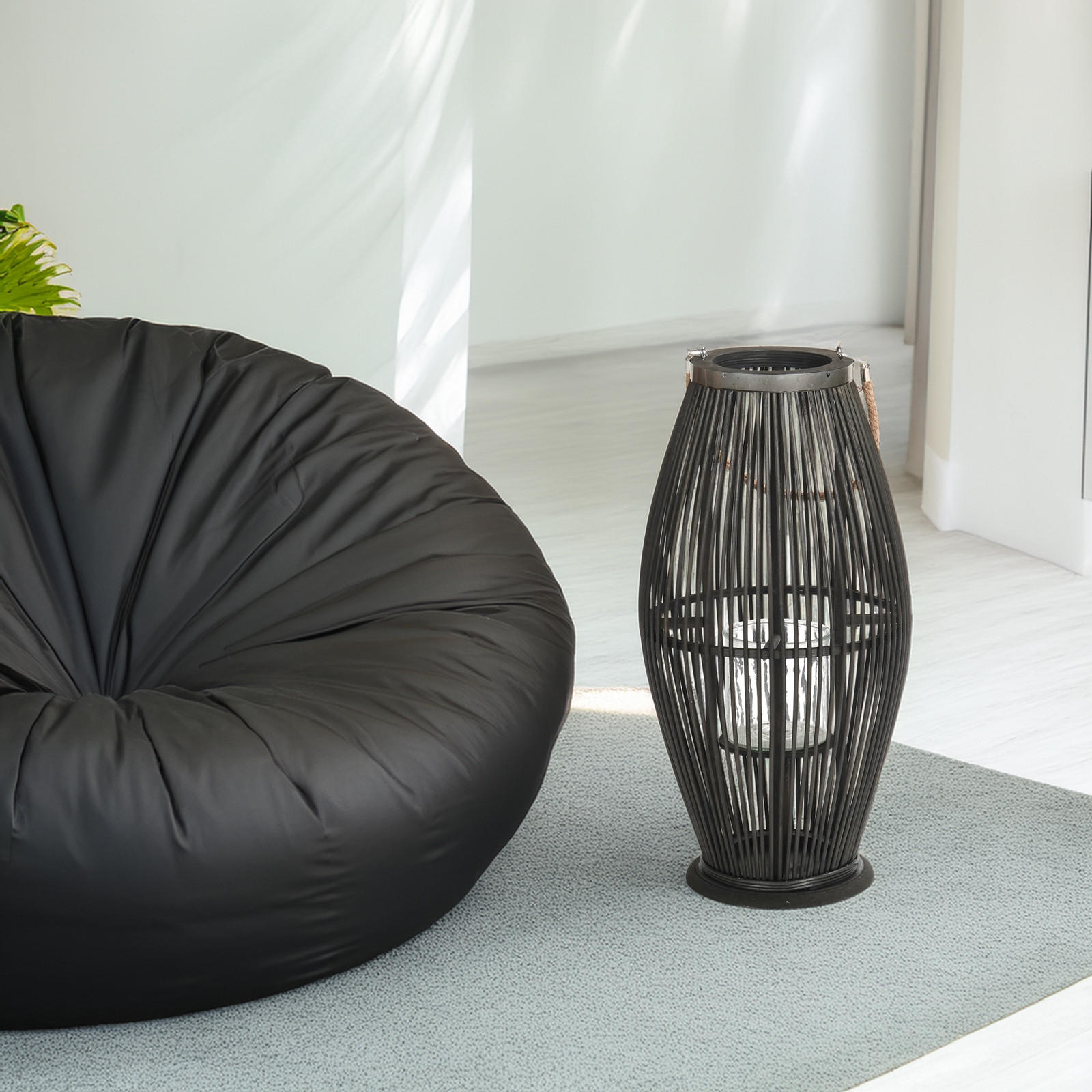 LATERNE Zya 60 Bambus, mit Henkel und Glaseinsatz schwarz - Schwarz, Holz (30/60/30cm) - CREEDWOOD