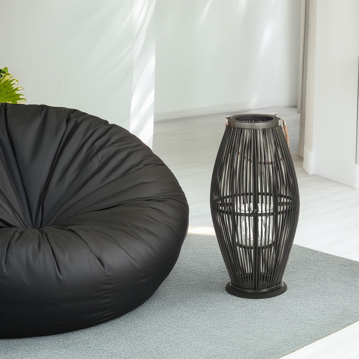 LATERNE Zya 60 Bambus, mit Henkel und Glaseinsatz schwarz - Schwarz, Holz (30/60/30cm) - CREEDWOOD