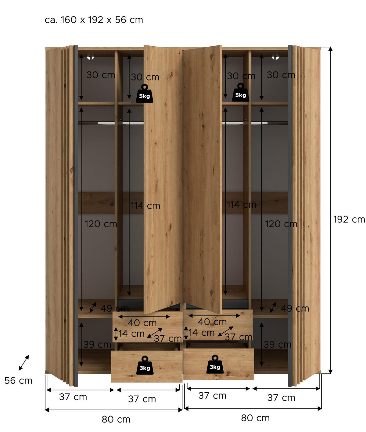 KLEIDERSCHRANKKOMBINATION TOFTA (B/H/T: ca. 160/190/56 cm) in Artisan Eiche Nachbildung/Artisan Eiche Nachbildung - Eiche Artisan, Holzwerkstoff (160/190/56cm)