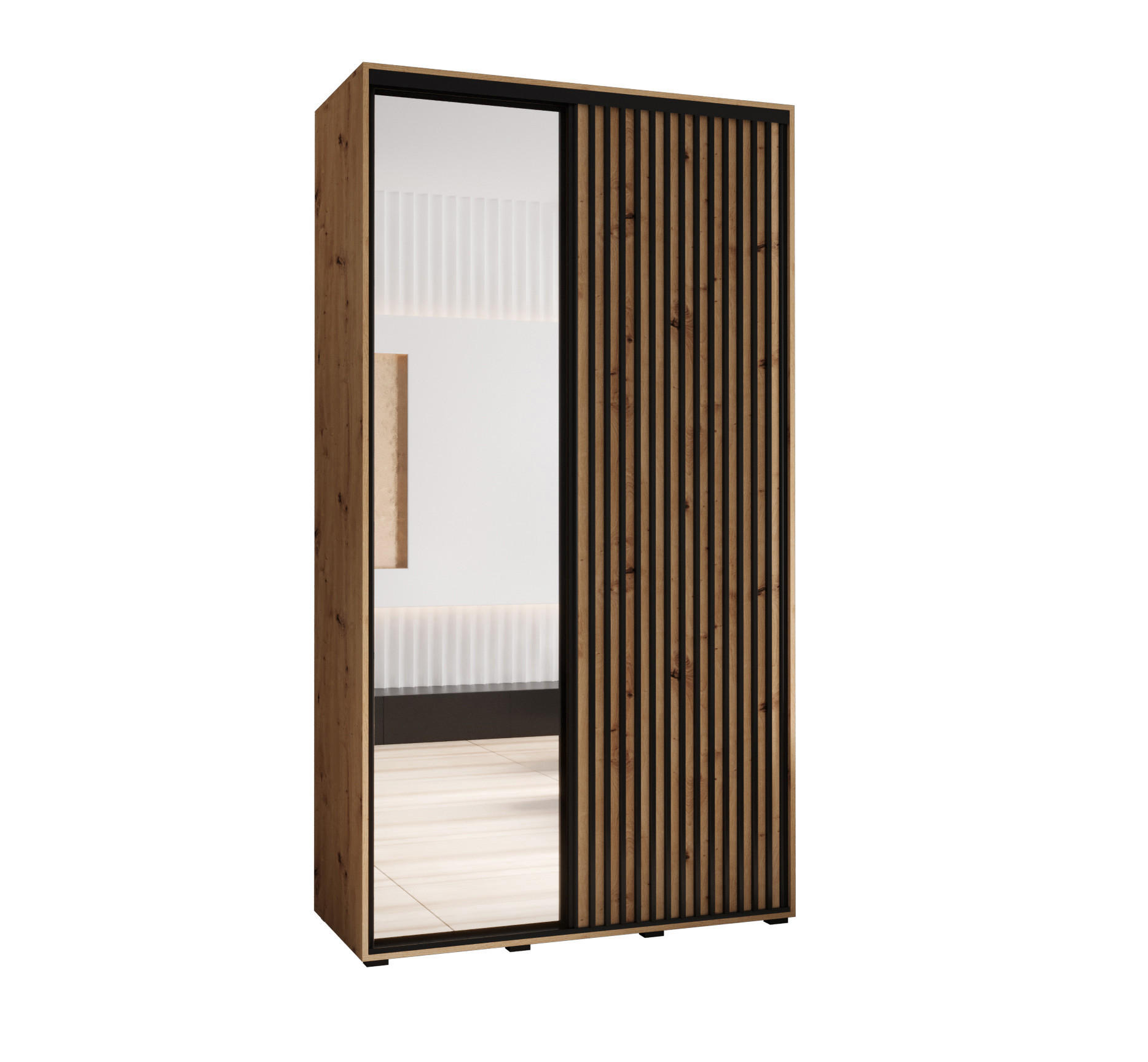 Abiks Möbel Schwebetürenschrank Eiche Artisan, Eiche Artisan, Schwarz 130x235x60 cm
