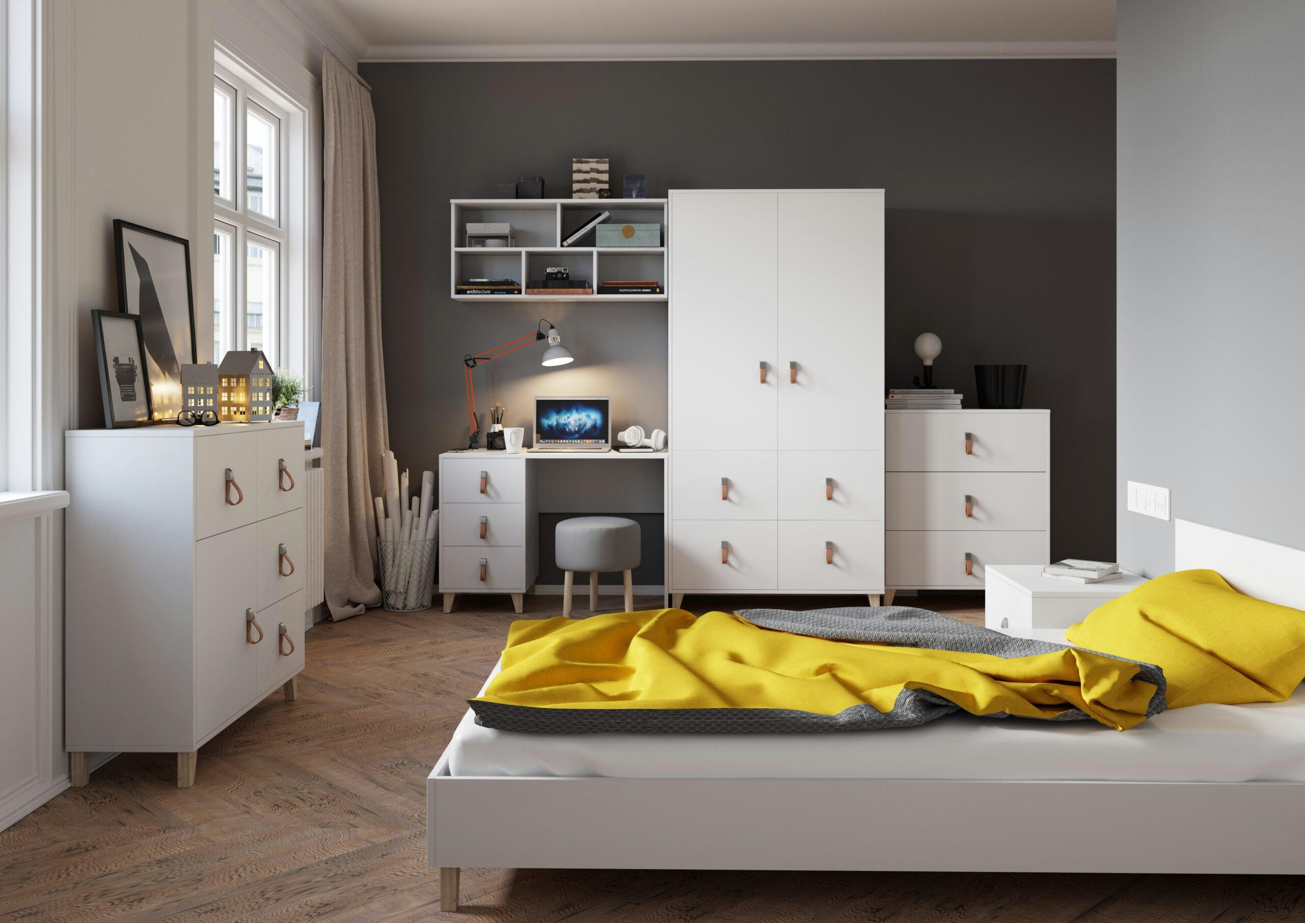 JUGENDZIMMER Svala 7 teilig in Weiß mit modernen Lederschlaufen als Griffe, Skandinavischer Stil - Weiß, Holzwerkstoff (80/200/120cm)