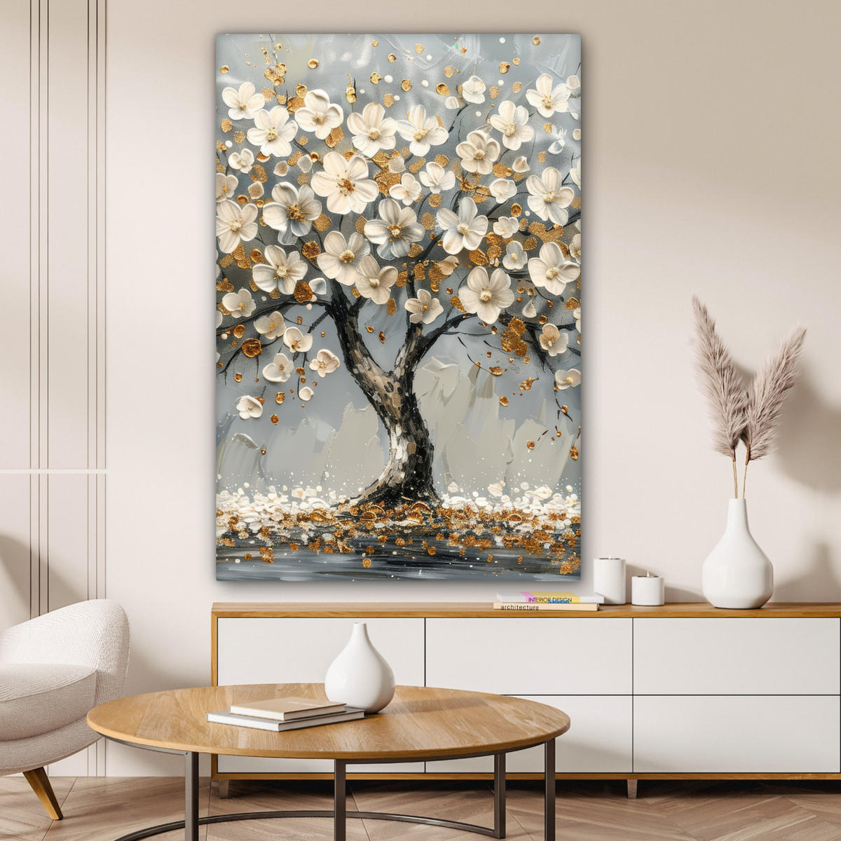 LEINWANDBILD Baum - Blumen - Weiß - Natur - Kunst 80x120 cm - Weiß, Textil (80/120cm) - MuchoWow