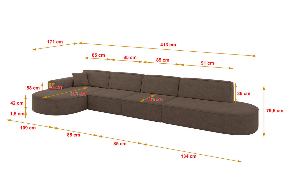 ECKSOFA Ottomane Links MARI-L3 - 413x171x79 cm Braun Velours - Schwarz/Braun, Holzwerkstoff/Kunststoff (413/171cm) - ALTDECOR