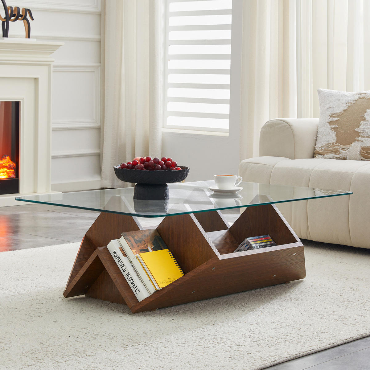 COUCHTISCH aus MDF und gehärtetem Glas in Walnuss mit offenen Aufbewahrungsfächern - Walnussfarben, Holzwerkstoff (103/63/33.5cm) - Modfu