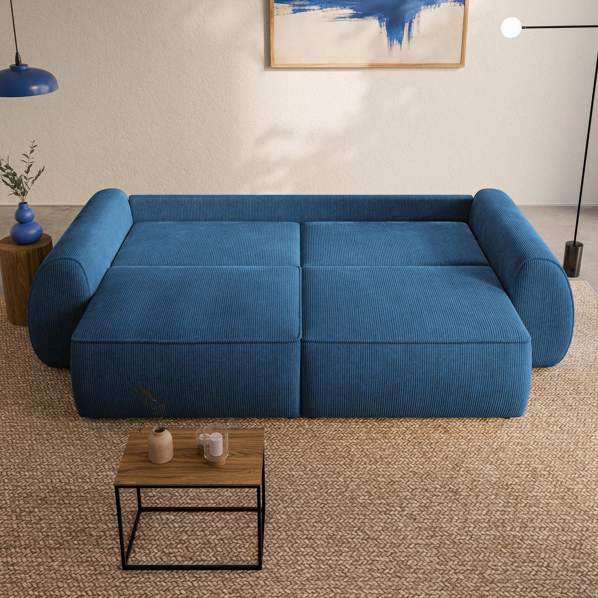 BETTSOFA ZEFEO Blau Kordstoff mit Schlaffunktion - Blau, Textil (264/96/106cm) - MASSENO