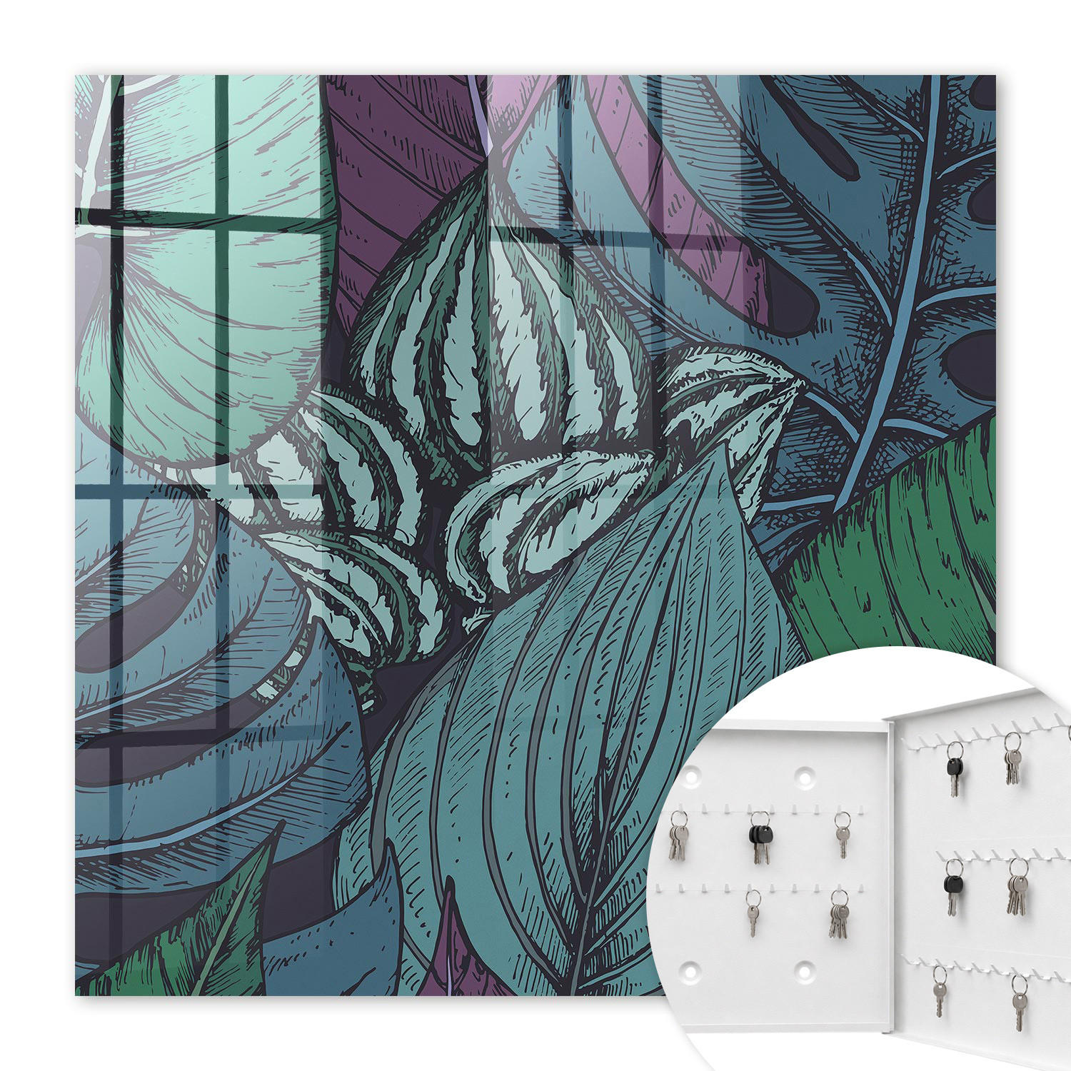 SCHLÜSSELBOX Weiß 30x30 cm – Türöffnung nach rechts - Geheimnisvolle Blätter - Grün, Metall (30/30/5cm) - TULUP