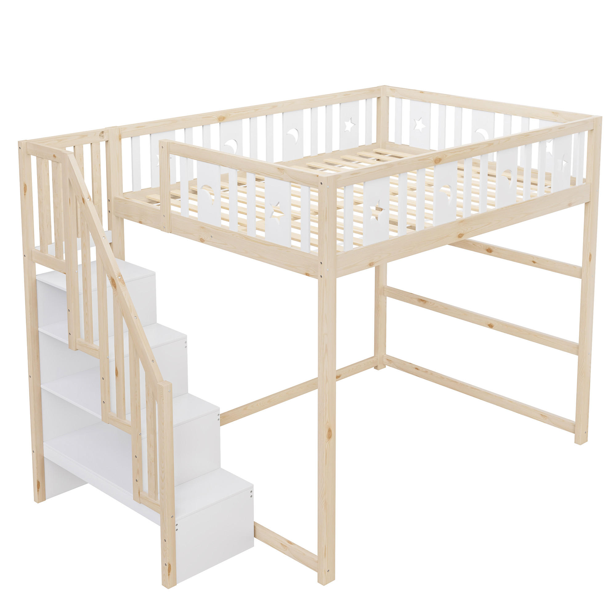 HOCHBETT 140/200 cm DE-01418, in Holz & Weiß, mit Treppe und Sicherheitsgeländer - Naturfarben, Holz (140/200cm) - ComfortXL