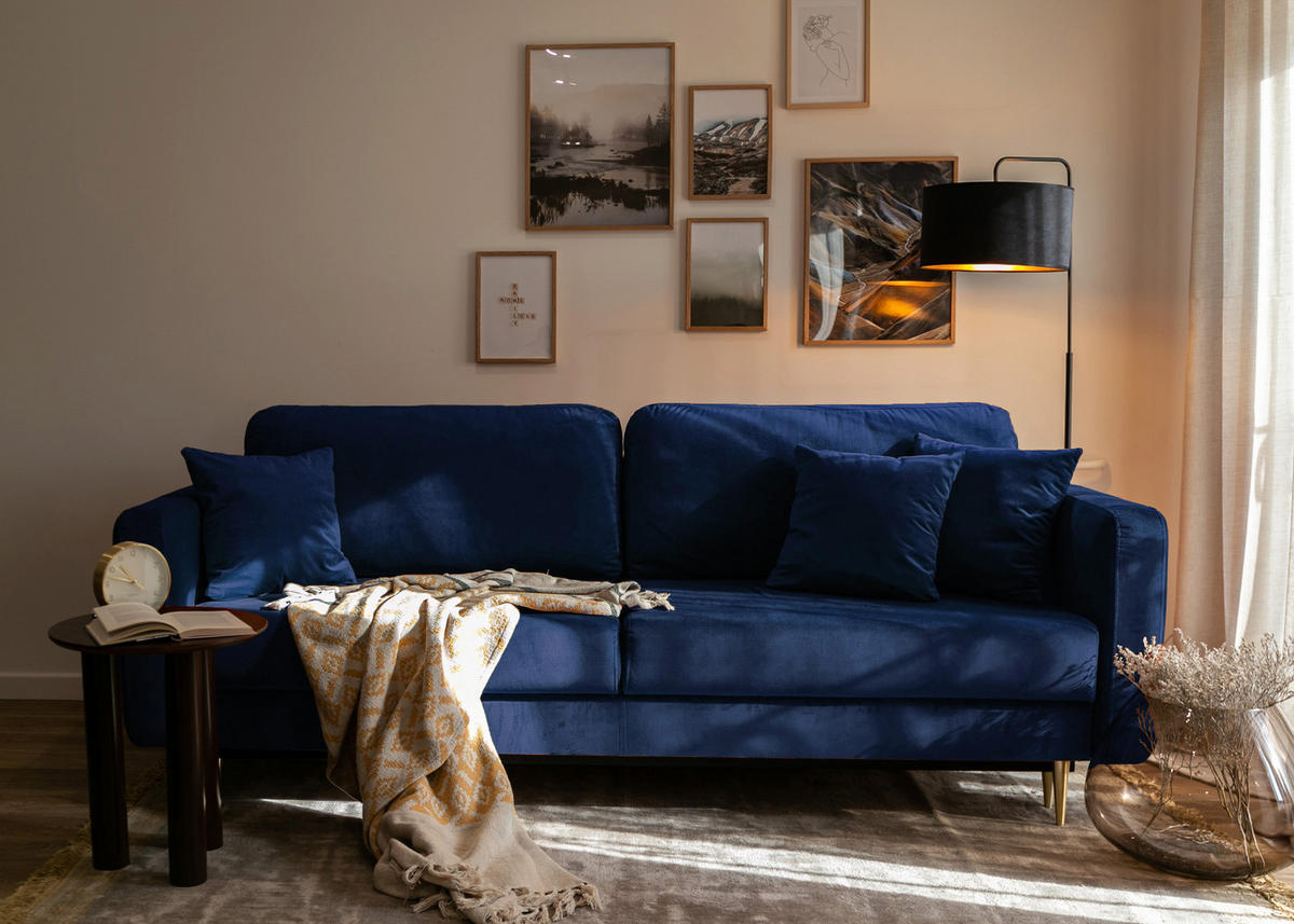 SCHLAFSOFA Valico Marineblau hydrophober Samt - Goldfarben/Dunkelblau, Textil/Metall (230/90/97cm) - Selsey