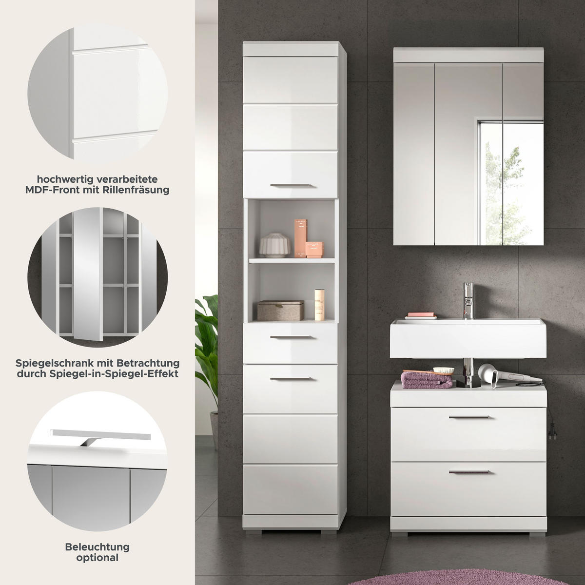 BADKOMBINATION 3tlg. Scout Bad in weiß Nachbildung und weiß hochglanz B/H/T: 112x191x34 cm - Weiß, Holz (112/191/37cm)