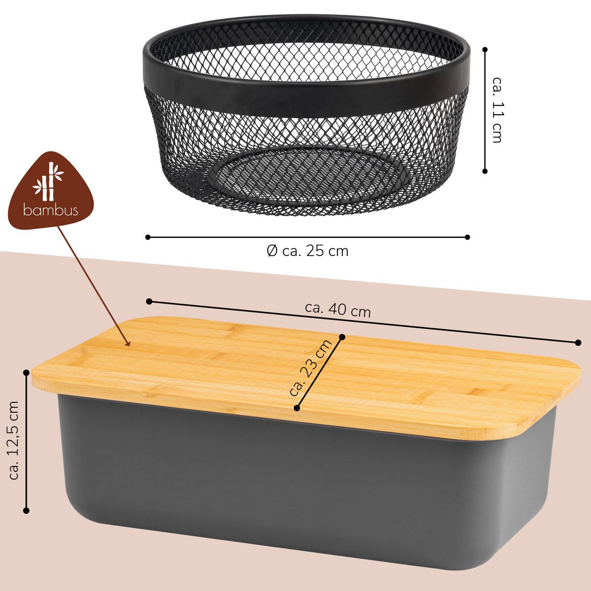 BROTAUFBEWAHRUNGS-SET 2tlg., Kunststoff, Metall, grau - Grau, Kunststoff (40/12.5/23cm) - eluno