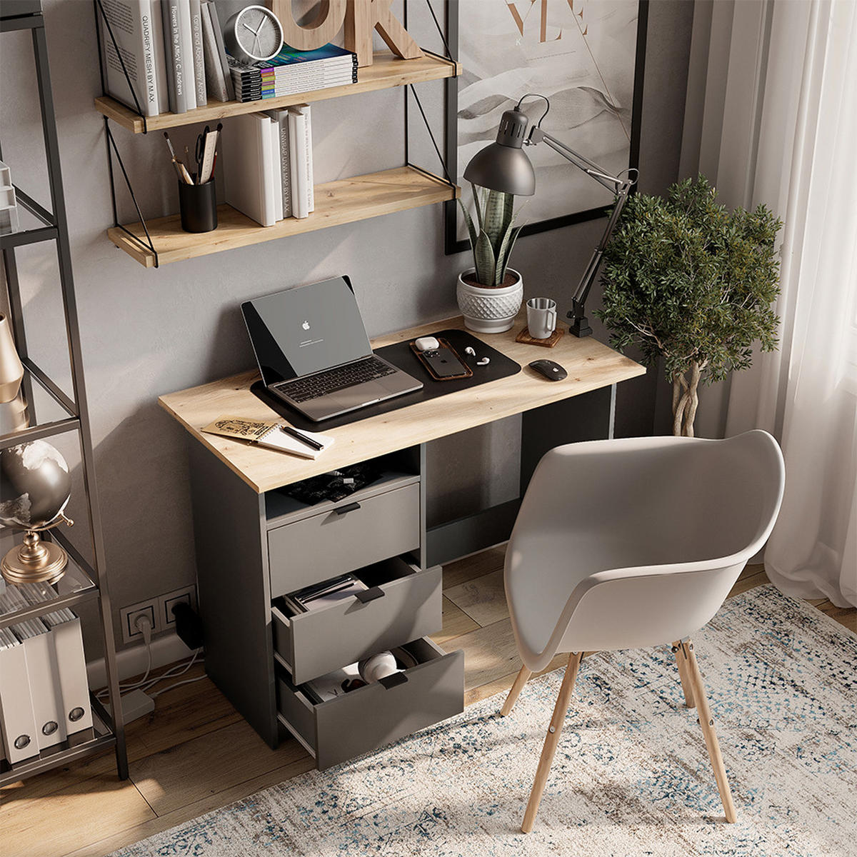SCHREIBTISCH Meiko Anthrazit/Artisan 105 x 50 cm mit Schubladen - Anthrazit/Eiche Artisan, Holzwerkstoff (50/105/76.5cm) - Vicco