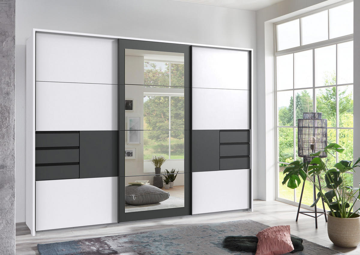 SCHWEBETÜRENSCHRANK 3-türig mit Passepartout, Spiegel, Schubladen, Vollausstattung, Weiß mit Absetzungen in Grafit, B273/H213/64 cm / 22505 - Schwarz/Weiß, Holzwerkstoff/Metall (273/213/64cm) - luma-home