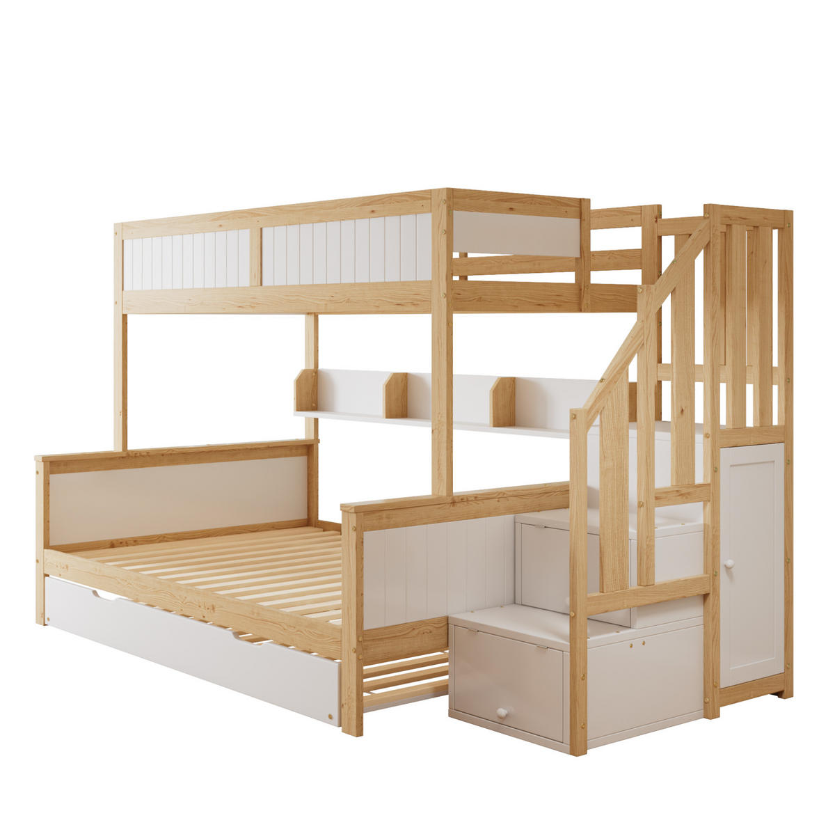 ETAGENBETT 90/200 cm & 120/200 cm mit Rollbett, Ecktreppe, Kleiderschrank und Fallschutz, Kiefer/MDF, Weiß/Natur - Weiß, Holzwerkstoff (90/200cm) - Redom