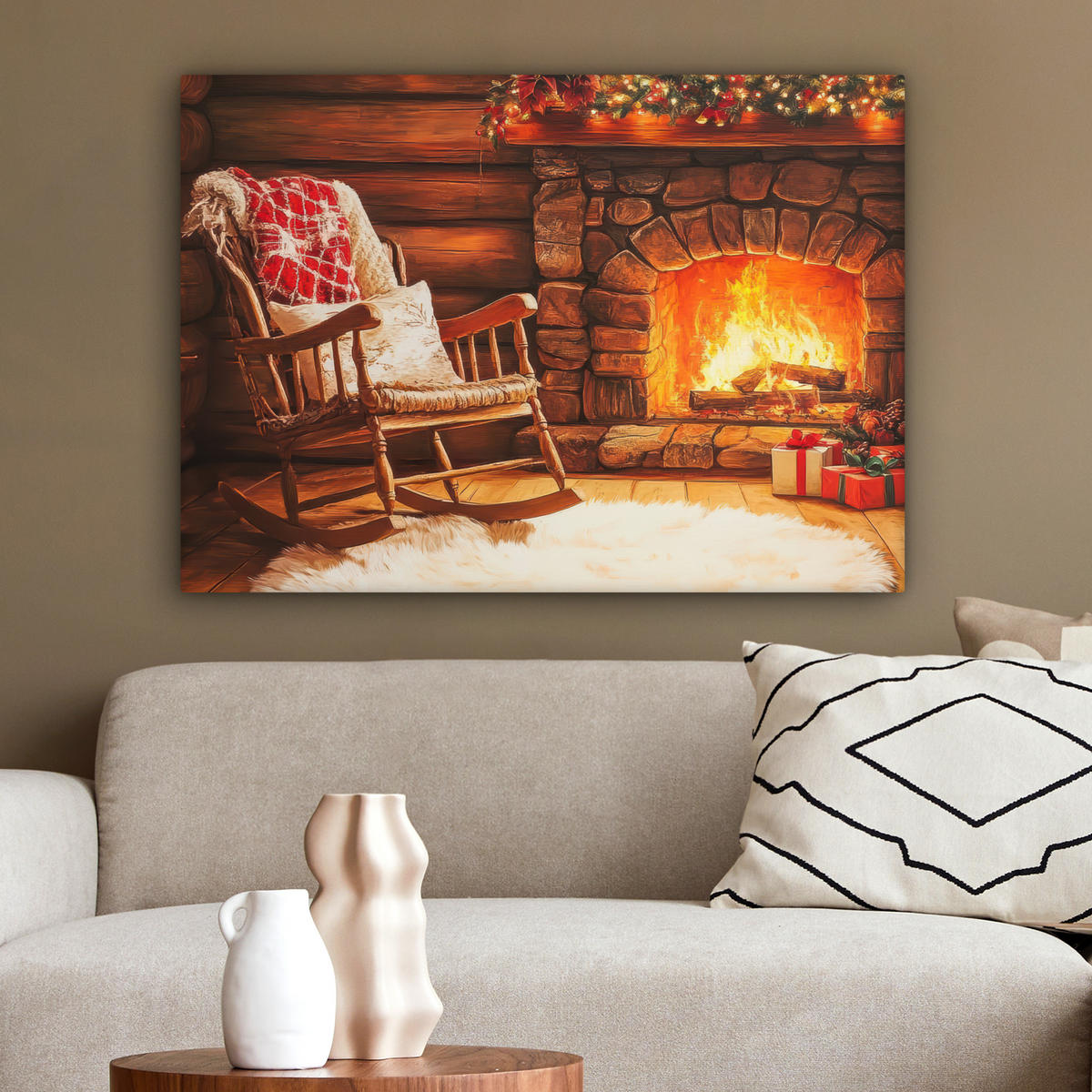 LEINWANDBILD Winter - Weihnachten - Zuhause - Kamin Wandbilder 80x60 cm - Bernsteinfarben, Textil (80/60cm) - MuchoWow