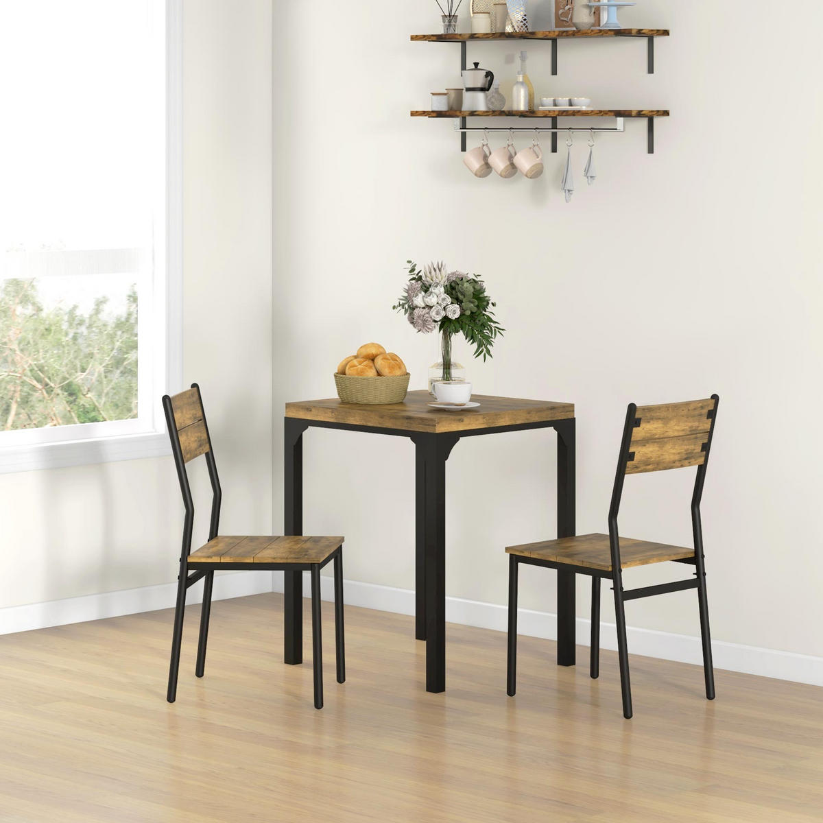 3-TEILIGE Essgruppe Küchentisch mit Metallgestell Esszimmergruppe Sitzgruppe - Braun, Holzwerkstoff (60/76/60cm) - HOMCOM