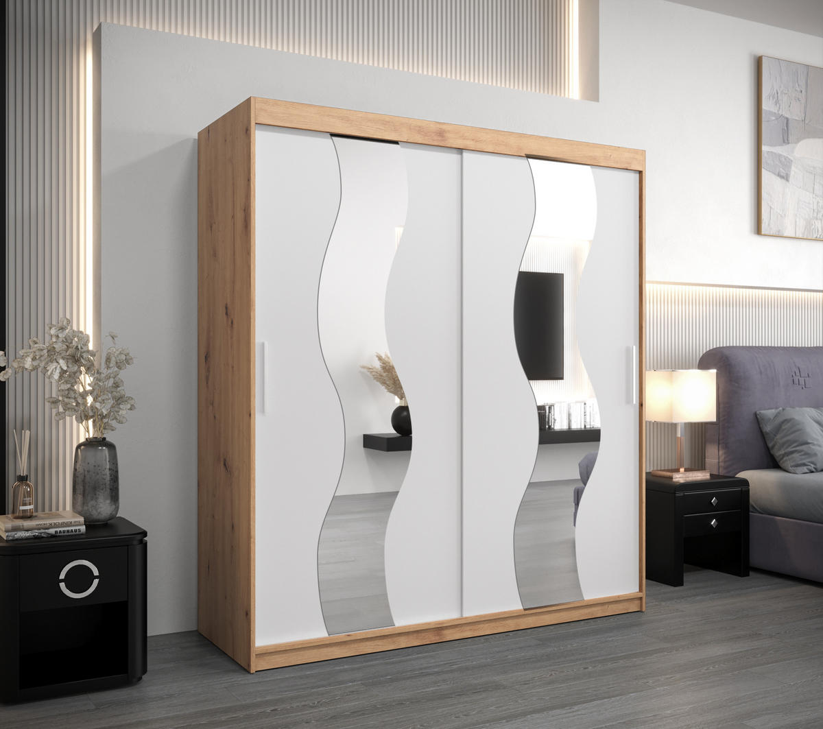 SCHWEBETÜRENSCHRANK 200/180/62 2-türig - Silberfarben/Weiß, Holz/Kunststoff (180/200/62cm) - Abiks Möbel