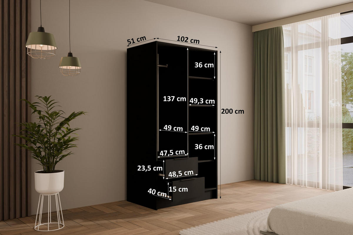 KLEIDERSCHRANK NELIA - 120 cm - Schwarz/Eiche Artisan, Holzwerkstoff (102/200/51cm) - ALTDECOR