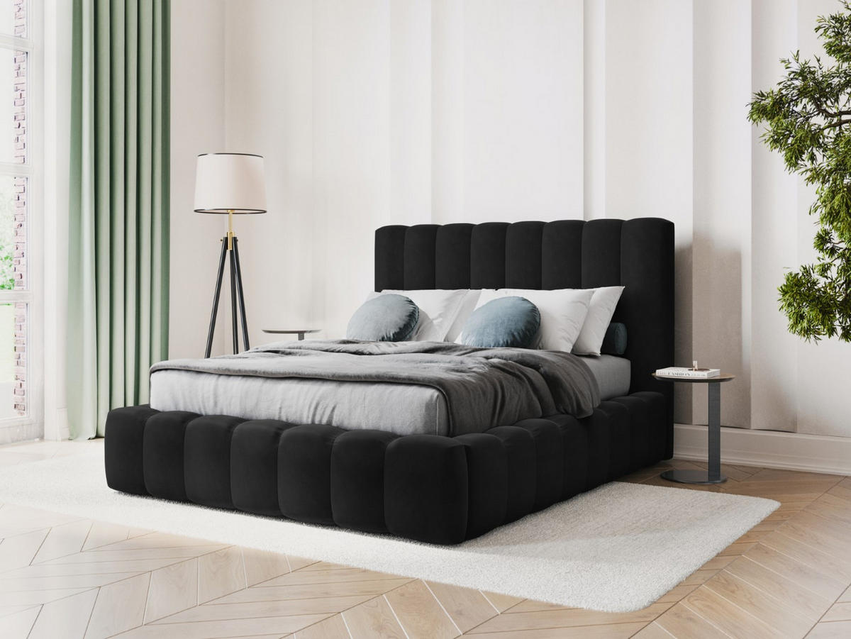 BETT mit Bettkasten und Kopfteil Kelp aus Samt schwarz 200x200cm - Schwarz, Textil (200/200cm) - Micadoni