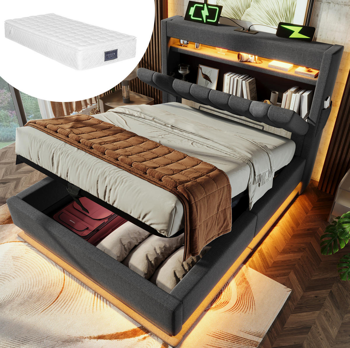 POLSTERBETT 90/200 cm Grau aus Leinen mit Matratze und LED-Beleuchtung - Grau, Textil (90/200cm) - OKMYHOME