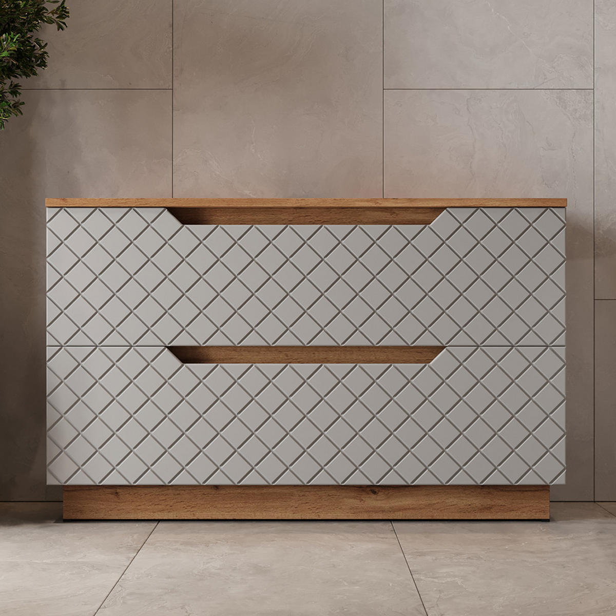 WASCHBECKENUNTERSCHRANK Lotta Eiche/Grau mit Kachelstruktur 99.4 x 62.5 cm mit 2 Schubladen - Eichefarben/Grau, Holzwerkstoff (99.4/62.5/32cm) - Vicco