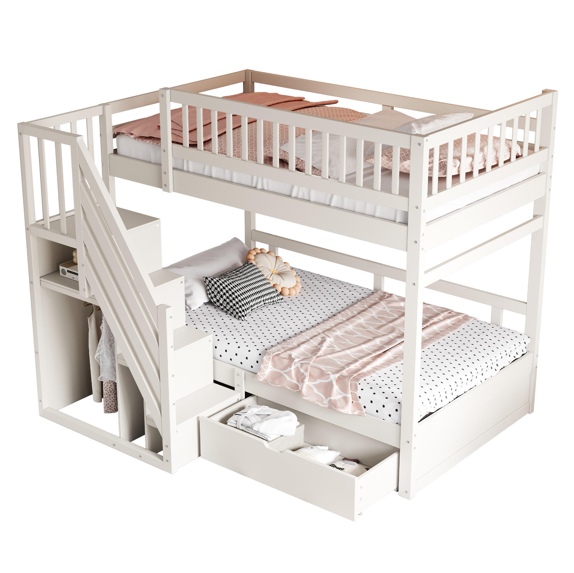 ETAGENBETT 90/200 cm aus Massivholz mit Stauraum und Sicherheitsleiter - Weiß, Holzwerkstoff (90/200cm) - BEAOK