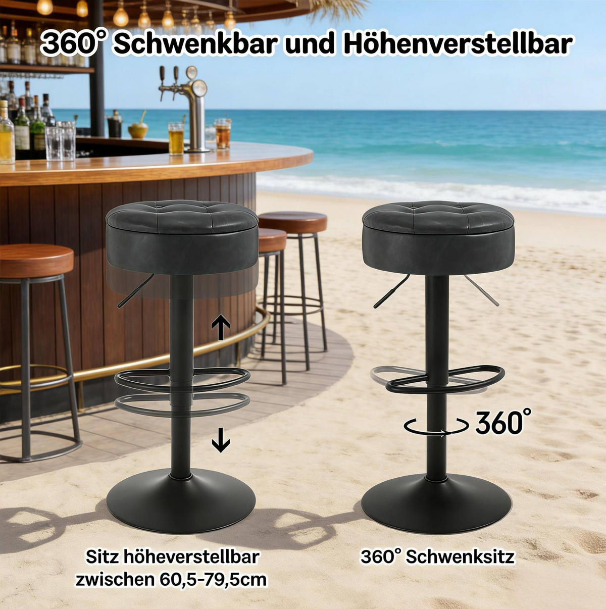 BARHOCKER mit Stauraum, höhenverstellbar, drehbar, 39 x 39 x 79,5 cm, Charcoal - Schwarz, Metall (39/79.5/39.1cm) - Meubliv