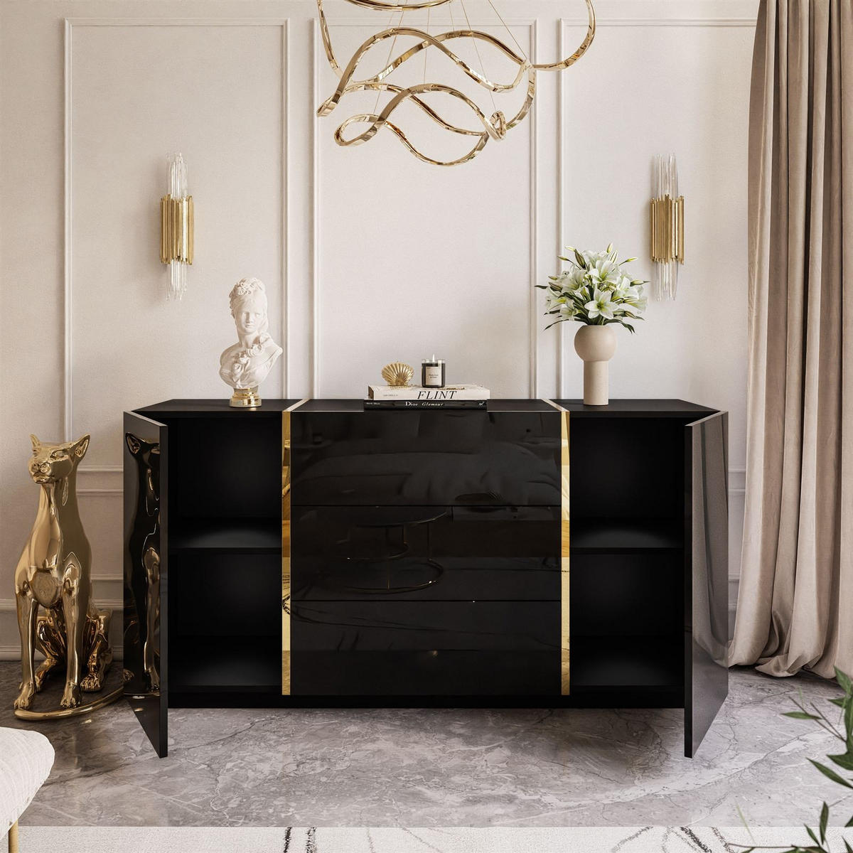 SIDEBOARD MIT SCHUBLADEN ONYX HOCHGLANZ 158 CM PUSH OPEN - Schwarz, Holzwerkstoff (158/81/41.3cm) - Lookway