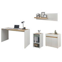 SCHREIBTISCHKOMBINATION 4-teilig weiß matt, Eiche Wotan, Büromöbel Set mit viel Stauraum - Eichefarben/Silberfarben, Holzwerkstoff/Kunststoff (140/143/180cm) - Furn.Design