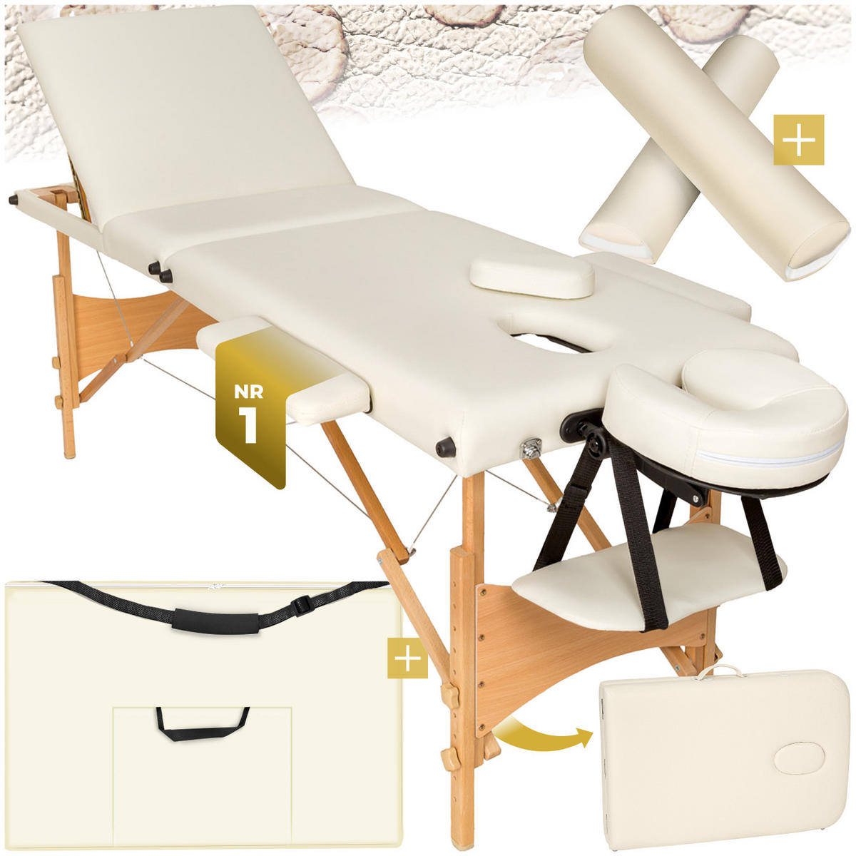 MASSAGELIEGE-SET 3 Zonen Daniel,210 x 95 x 84 cm,beige - Beige, Holz (95/84/210cm) - tectake
