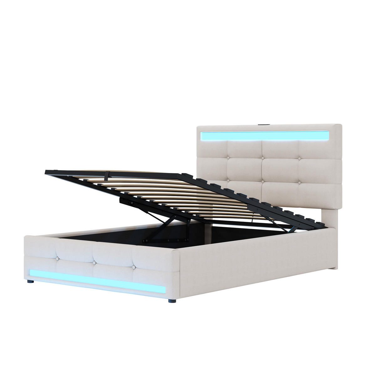 POLSTERBETT aus Leinen 90x200 cm in Beige mit LED & USB - Beige, Textil (90/200cm) - Modfu