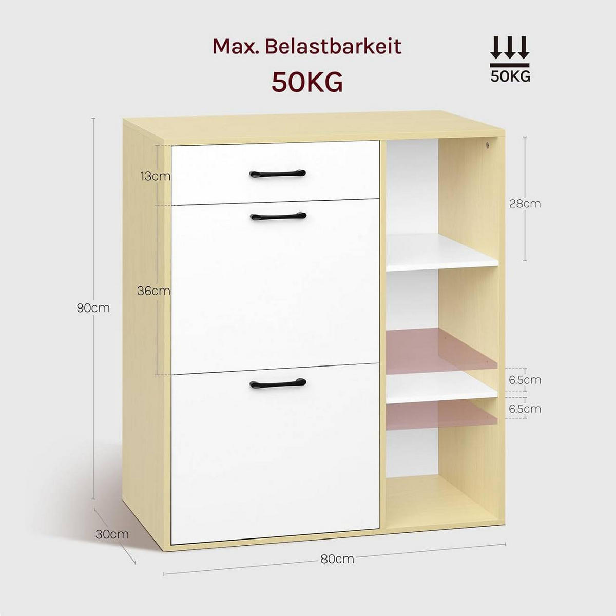 SCHUHSCHRANK mit 2 Klappfächern, Weiß+Naturholzfarbe - Weiß/Naturfarben, Holzwerkstoff/Kunststoff (80/90/30cm) - Woltu