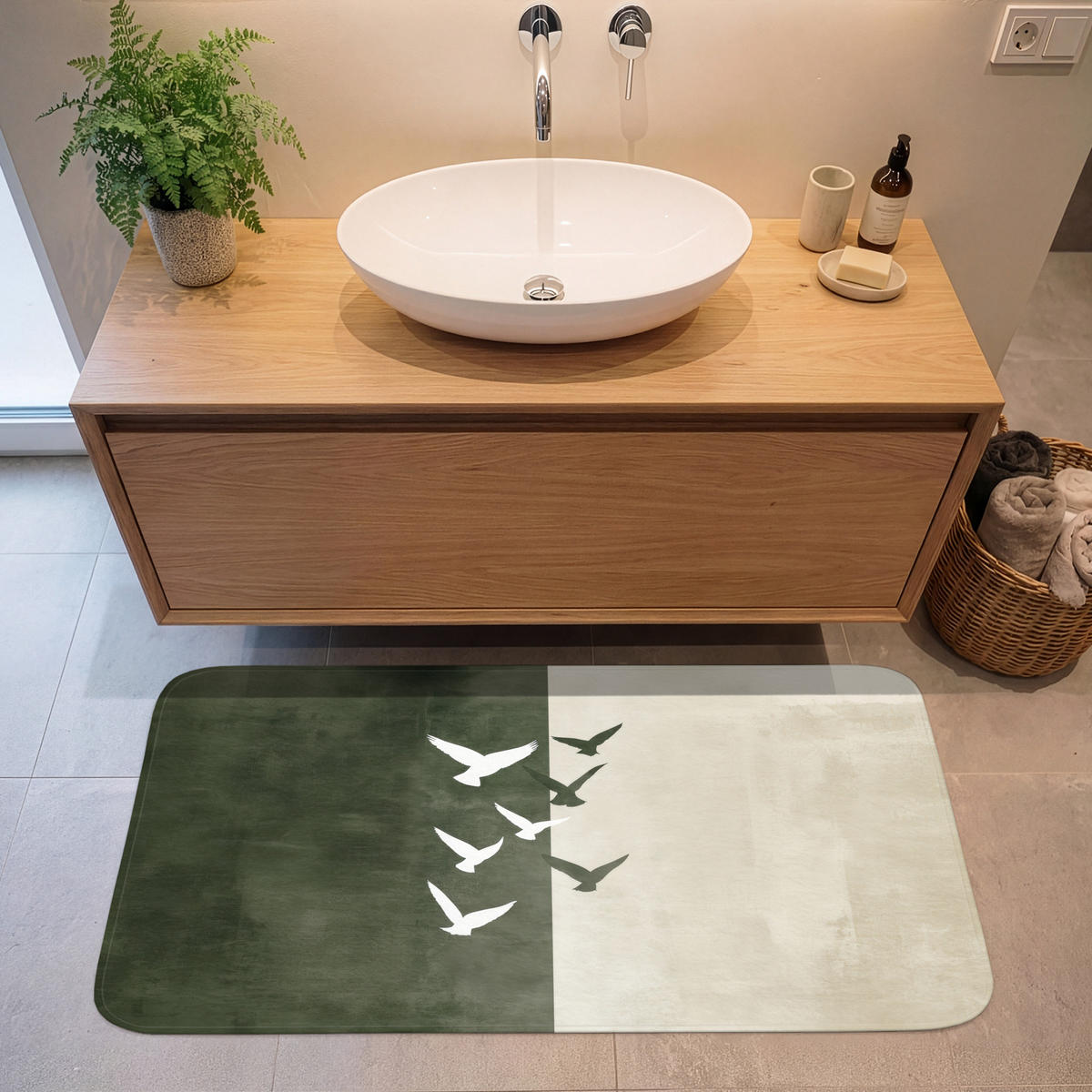KOUPELNOVÁ PŘEDLOŽKA Japandi - Pták - Zelený 120x60 cm - olivově zelená, textil/plast (120/60cm)