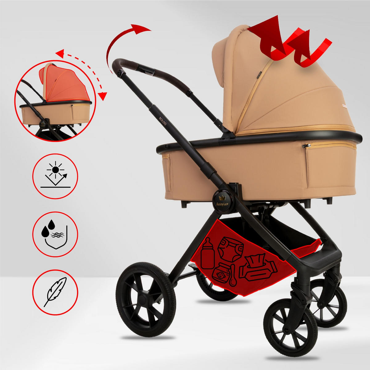 KINDERWAGEN Boldo 3in1 Sapphire Babywanne, Buggy Sportsitz, Babyschale I-Size - Beige/Schwarz, Textil/Metall (58/98cm) - BabyLux