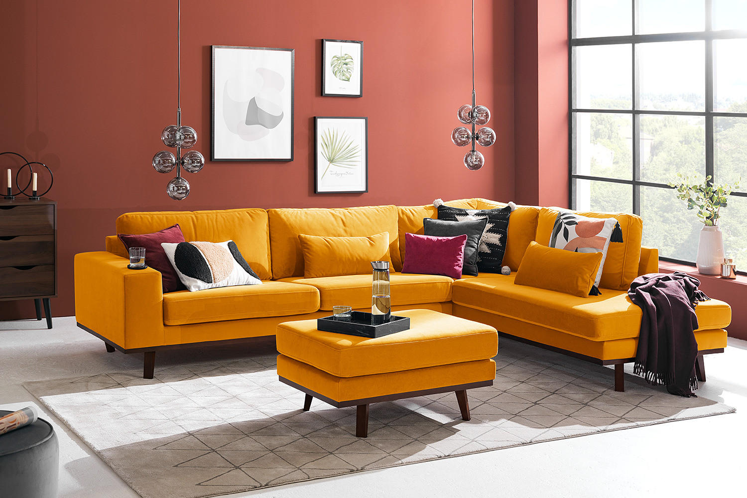 ECKSOFA mit Ottomane - Gelb/Buchefarben, Textil (287/219cm) - home24