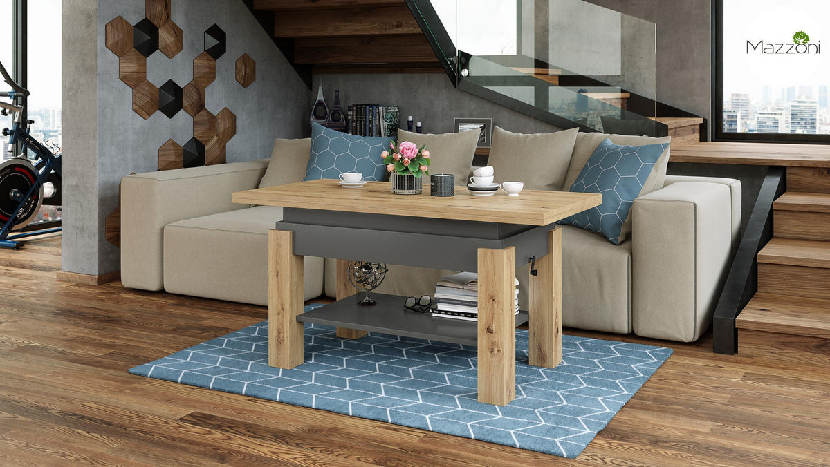 COUCHTISCH rechteckig Eiche Artisan - Anthrazit ausziehbar höhenverstellbar - Anthrazit/Eiche Artisan, Holzwerkstoff (65/130/60cm) - designimpex