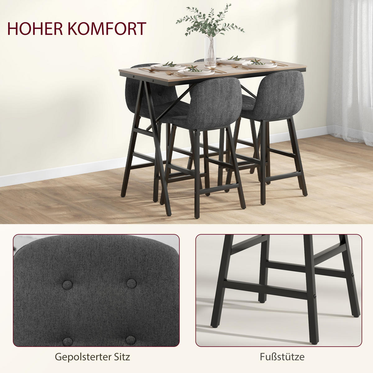 BARTISCH mit Barhocker Set, 5-teilig Essgruppe, Küchentisch, Bartisch Set, Braun - Dunkelgrau, Holzwerkstoff/Kunststoff (60/91/120cm) - HOMCOM