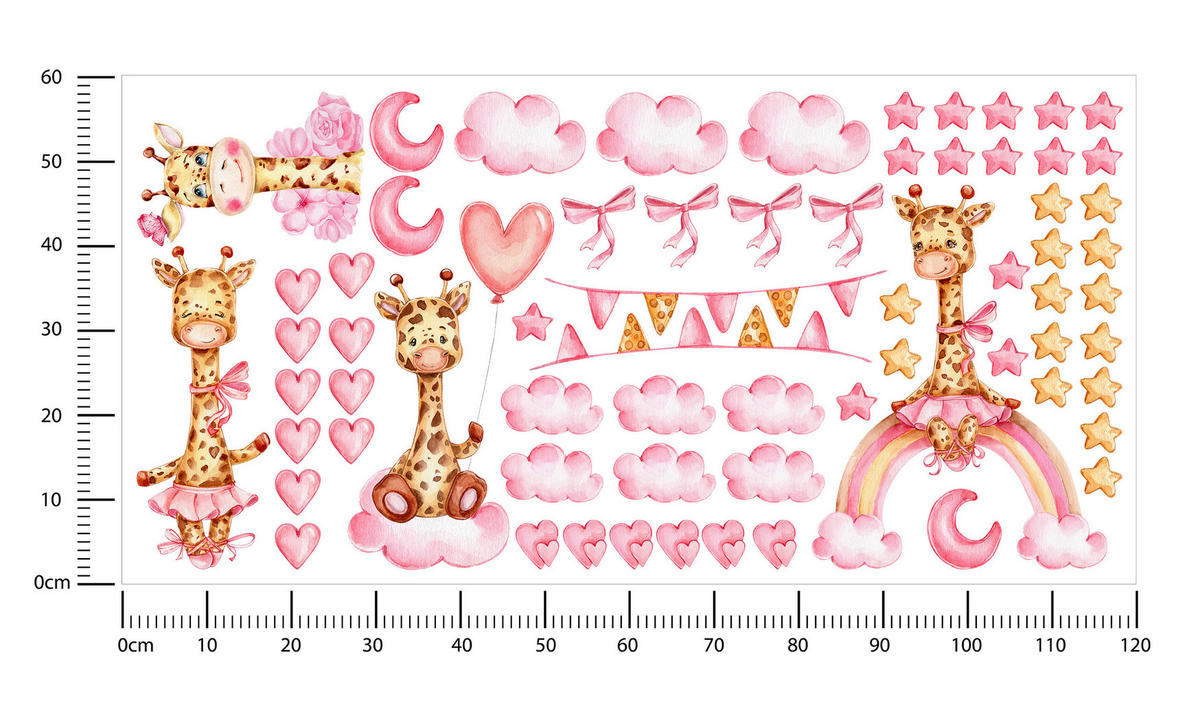 STICKER SET für Kinder Giraffen rosa Wolken Monde Sterne 120x60 - Gelb/Beige, Papier (120/60/1cm) - Muralo