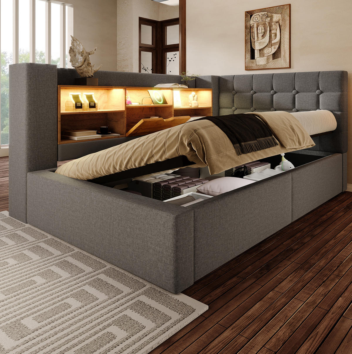 POLSTERBETT 90/200 cm grau aus Leinen mit LED und Stauraum - Grau, Textil (90/200cm) - OKWISH