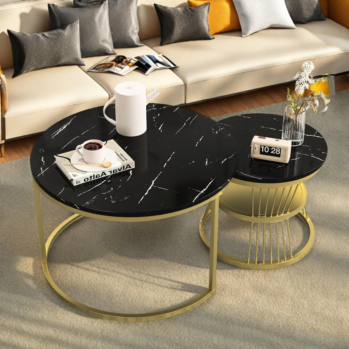 COUCHTISCH-SET Marmoroptik Schwarz, Metallgestell Gold, 2er Set - Goldfarben/Schwarz, Metall (70/70/45.5cm) - SHOPENTRA