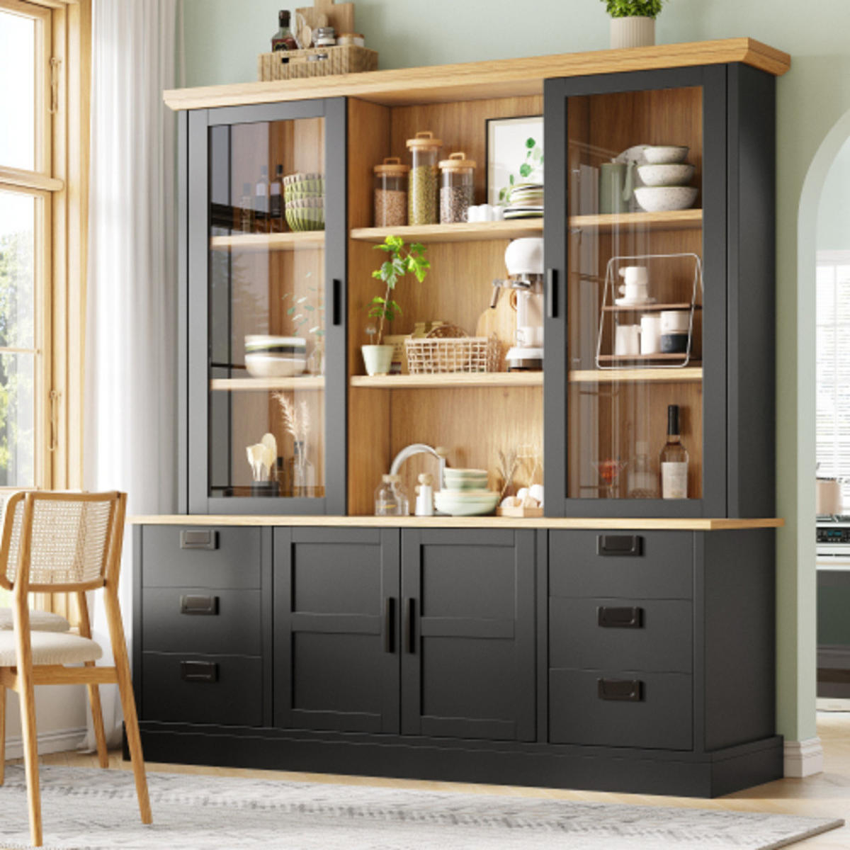 KÜCHENHOCHSCHRANK Schwarz aus MDF und Metall mit Glastüren & sechs Schubladen 140×40×185 cm - Schwarz, Holzwerkstoff (140/185/40cm) - Luhomfu
